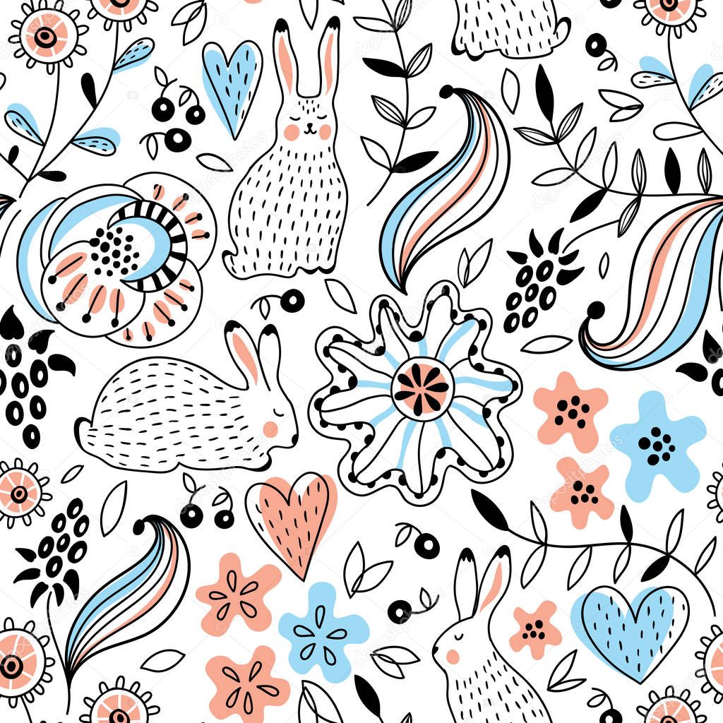 Romantic seamless pattern with rabbits
