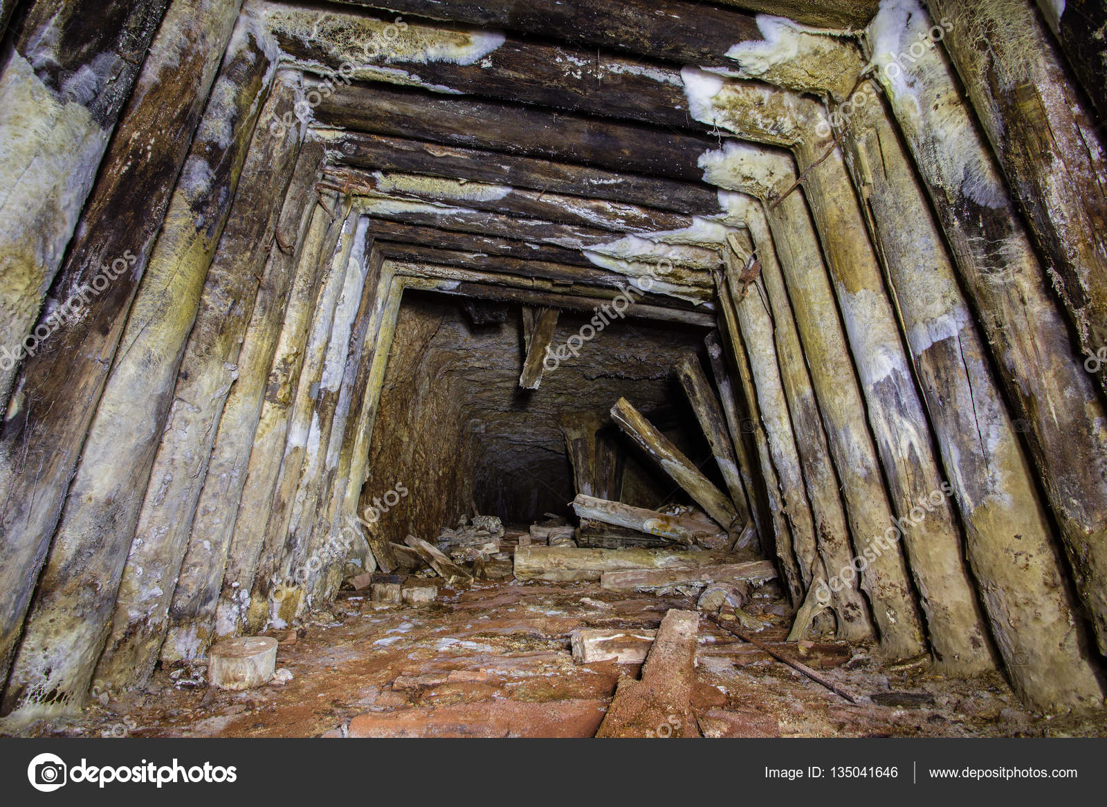 Underground Gold Mine Shaft Tunnel Drift Wooden Timbering Stock Photo