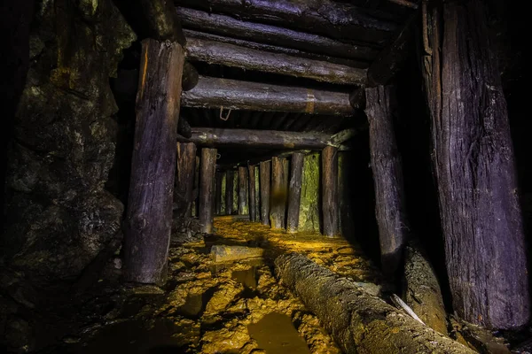 Deriva Del Túnel Del Eje Mina Oro Con Maderas Madera — Foto de Stock