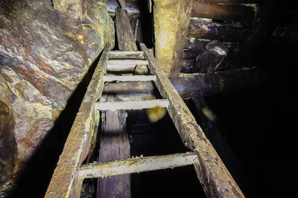 Underground abandoned ore mine shaft tunnel gallery passage with wooden timbering