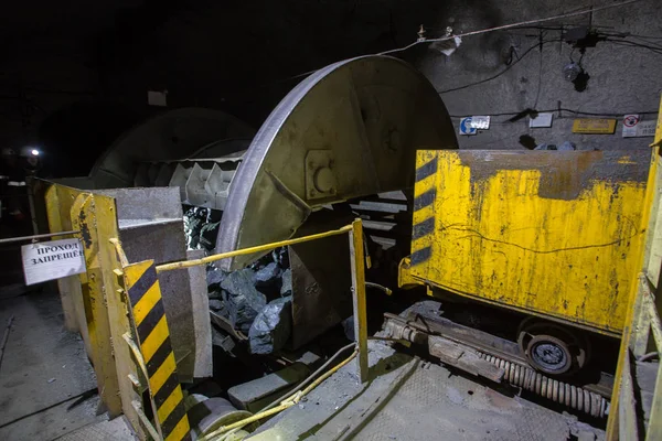 Gold ore mine underground tunnel with rotary wagon dumper tipper