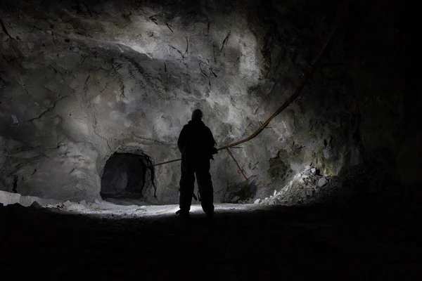 Stock image Underground abandoned copper ore mine tunnel with miner man explorer