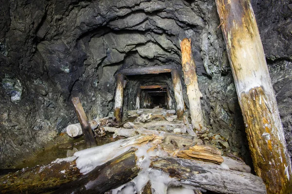 Золотий Рудниковий Вал Тунелю Дрейф Дерев Яною Лісозаготівлею Під Землею — стокове фото