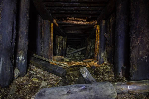 Guldgruva Malm Skaft Tunnel Drift Med Trä Korsvirke Underjordiska Övergivna — Stockfoto