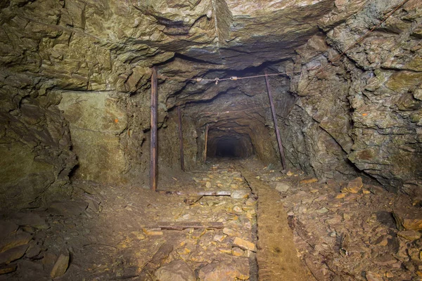 Złoto Kopalni Rudy Wał Tunelu Dryf Drewnianego Muru Podziemnego Opuszczone — Zdjęcie stockowe