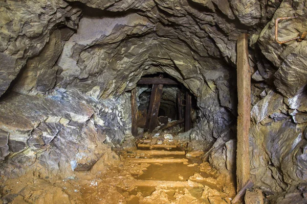 Podziemny Opuszczony Tunel Kopalni Rudy Platyny Zawalonym Drewnianym Drewnem — Zdjęcie stockowe