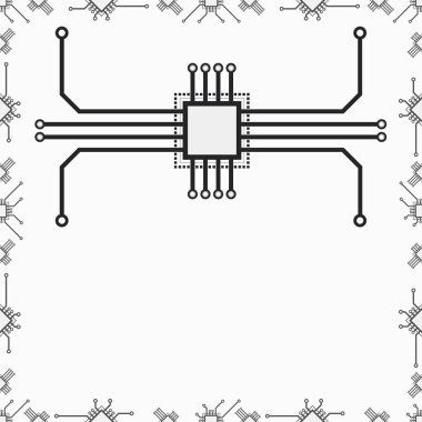İşlemci elementlerinin 2d devre şablonsuz vektörü. Web ve yazıcı tasarımı için işlemci bilgisayarı, bilgisayar, dizüstü bilgisayar, tablet ve akıllı telefon vektör çipi parçaları.