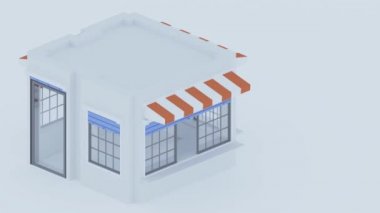 Isometric binası. 3 boyutlu illüstrasyon. Küçük bir dükkan. İzole edilmiş resim.