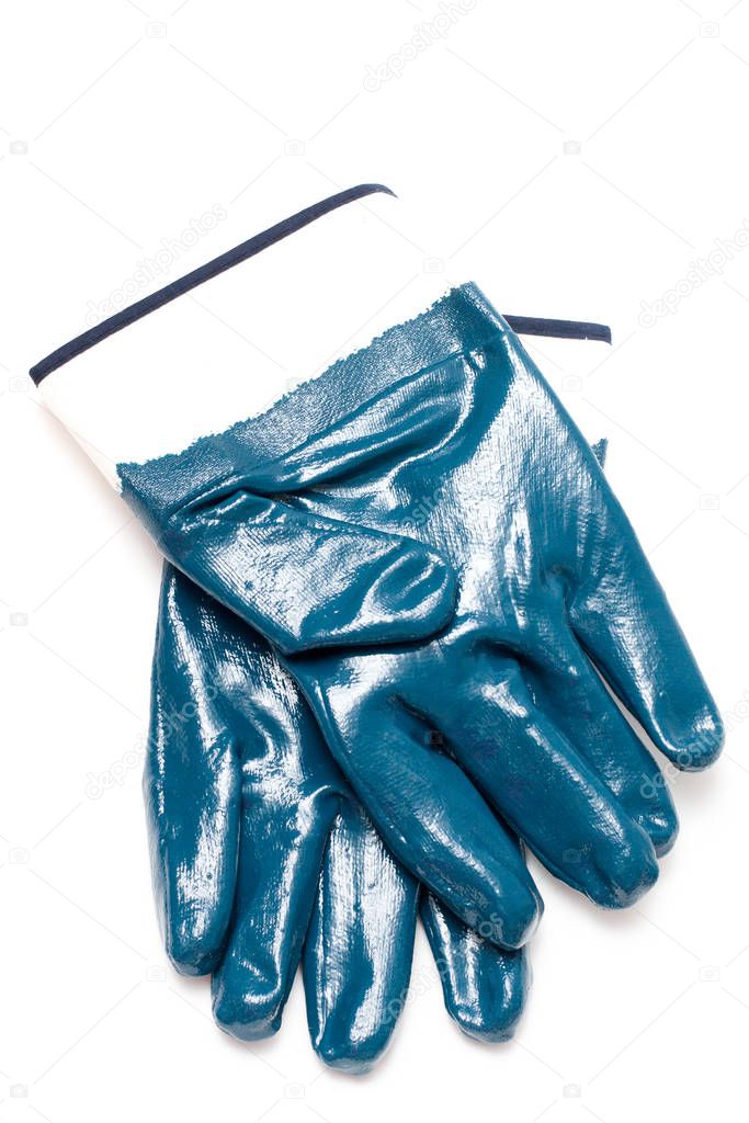 a pair of workers dark blue nitrile-coated gloves for intensive mechanical work, protection against burns and pollution, cotton base, industrial use, isolation on a white background