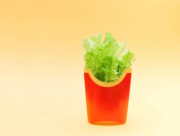 Fresh Raw Green Lettuce Leaves Package Red French Fries Yellow — 스톡 사진