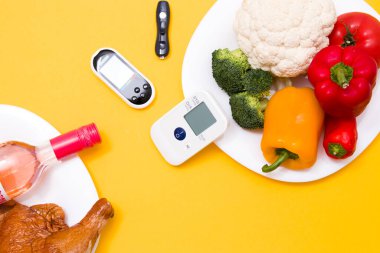 Beyaz tabağın birinde şarap şişesi ve tütsülenmiş tavuk, diğer tabakta ise şeker sayacının ortasında, kan basıncı ölçer, sarı arka plan, kopyalama alanı var.