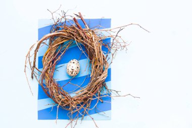 Bir bıldırcın yumurtası dallar yuvasında, mavi çizgili arka plan, açık mavi arkaplan tebrik için, kopya alanı, üst görünüm, orijinal Paskalya kartı