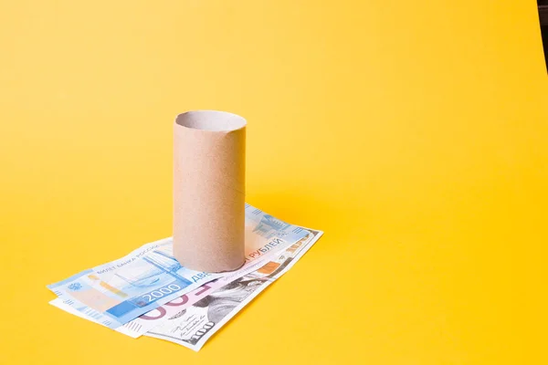 Рукав Туалетной Бумаги Стоит Трех Банкнотах Разных Стран Евро Доллар — стоковое фото
