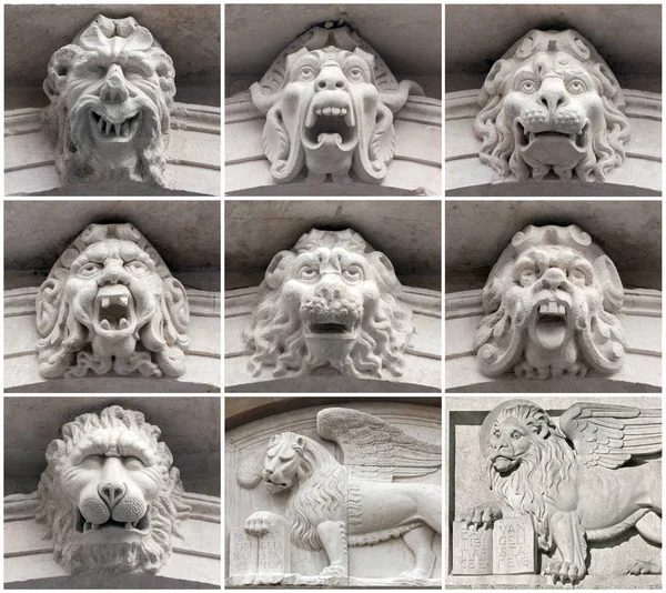 Mascaron prydnad och venetianska lion — Stockfoto