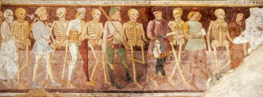 CLUSONE (Bergamo, Lombardy, İtalya) - oratoryo dei Disciplini (14. yüzyıl), antik fresk Danza Macabra (dans ölüm) ve Trionfo della Morte (ölüm zaferi detay)
