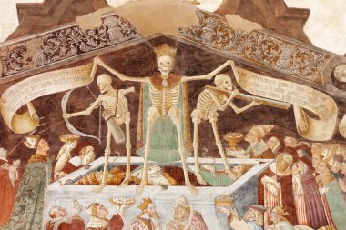 Clusone (Bergamo, Lombardy, Italy) - Oratorio dei Disciplini (14th century), detail of the ancient fresco of the Danza Macabra (Dance of the Death) and Trionfo della Morte (Triumph of the Death) clipart