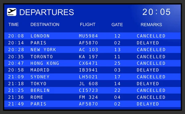 Sistema Visualizzazione Delle Informazioni Volo Negli Aeroporti Internazionali Voli Cancellati — Foto Stock