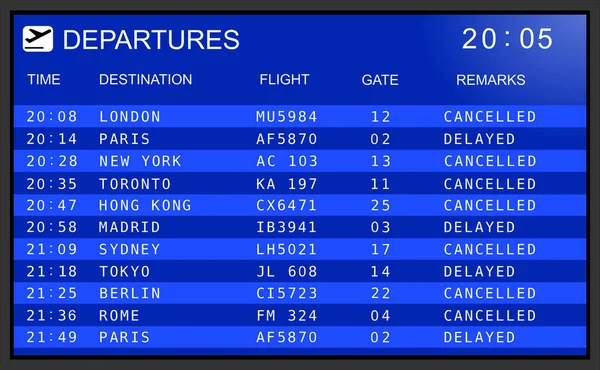 国际机场飞行信息显示系统 取消和延误航班 图库照片