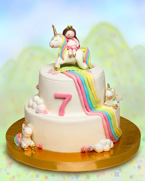 Cake Children Birthday Celebration Homemade Little Princess Unicorn Fondant Figures — 스톡 사진