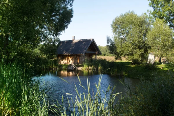 Drewniane Stary Dom Pobliżu Jeziora Drzew Domku Letniskowego Relaksujące Zakwaterowanie — Zdjęcie stockowe