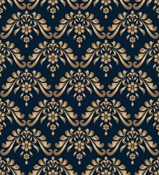 Elegant Damask Pattern Golden Floral Swirls Gold Scrolls Dark Blue — Stock Vector