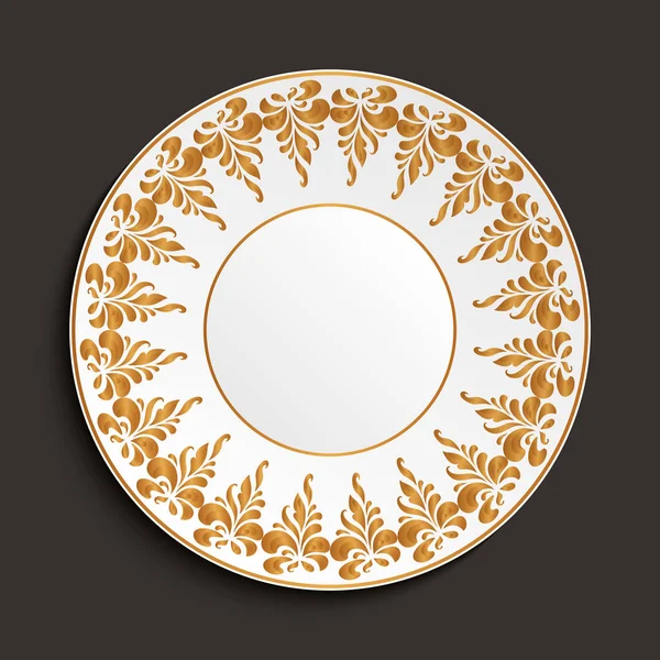 White Empty Plate Golden Border Pattern Vintage Porcelain Saucer Table — Stock Vector