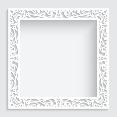 Square white frame with ornate border pattern, cutout paper swirls ornament, template for laser cutting, elegant lace decoration for wedding invitation card design clipart