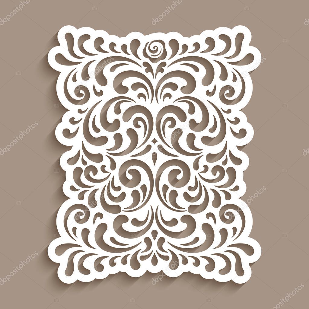 Vintage panel with cutout paper swirls. Ornate decoration with floral pattern. Arabesque ornament. Elegant template for laser cutting or wood carving