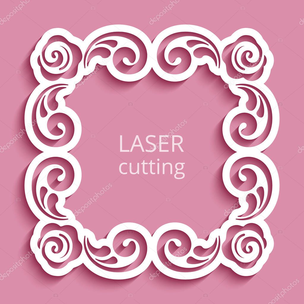 Square lace frame with ornate border pattern. Cutout paper swirls ornament in retro style. Template for laser cutting. Elegant decoration for wedding invitation card design.