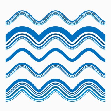 Mavi dalga süslemeleri, denizcilik tarzında basit dalgalı kenarlıklar, beyaz üzerine kıvrımlı ayırıcı çizgiler. 