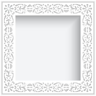 Square white frame with ornate border pattern, cutout paper swirls ornament, template for laser cutting, elegant lace decoration for wedding invitation card design with place for text clipart