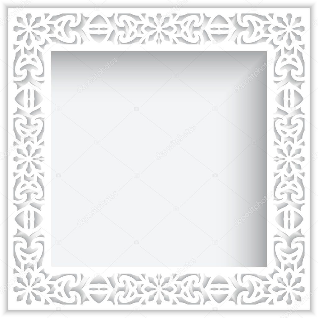 Square white frame with ornate border pattern, cutout paper swirls ornament, template for laser cutting, elegant lace decoration for wedding invitation card design with place for text