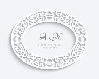 Oval frame with cutout paper pattern. Elegant template for laser cutting. White lace decoration for wedding invitation card or scrapbook design. clipart
