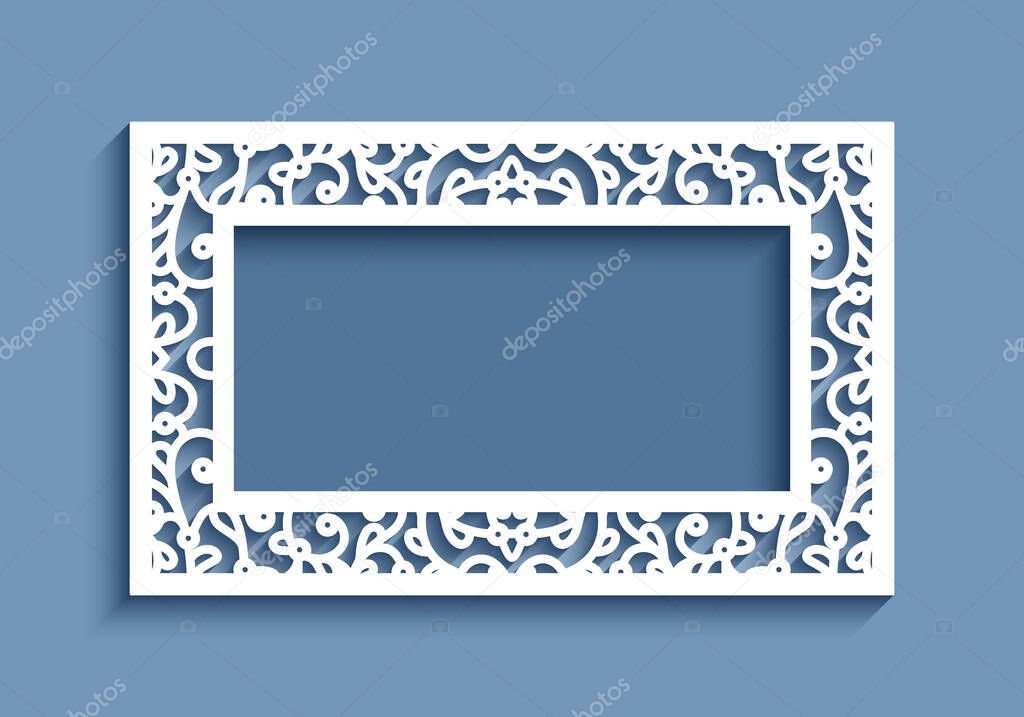 Rectangle frame with ornamental lace border. Cutout paper decoration for wedding invitation card design. Elegant template for laser cutting.