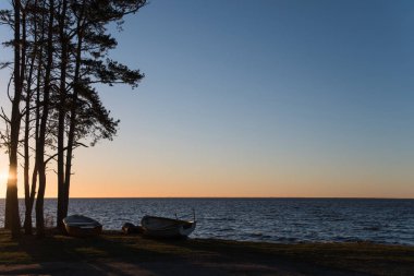 Günbatımı Sahil tarafından kürekli tekneler ile