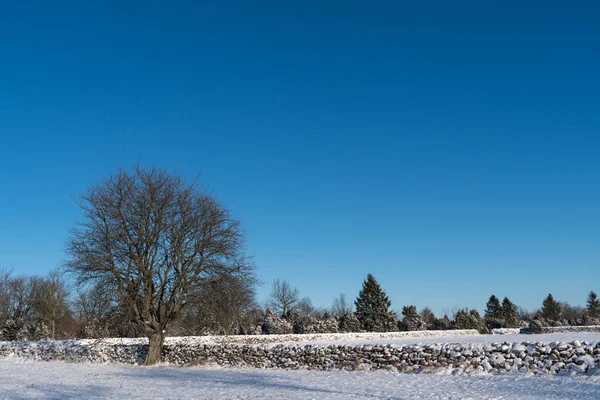 Winter landscape with snow covered stone walls — Zdjęcie stockowe