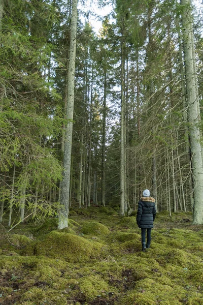 Femme en chemin vers une grande forêt — Photo