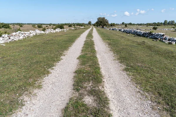 Camino de campo recto rodeado de muros de piedra — Foto de Stock