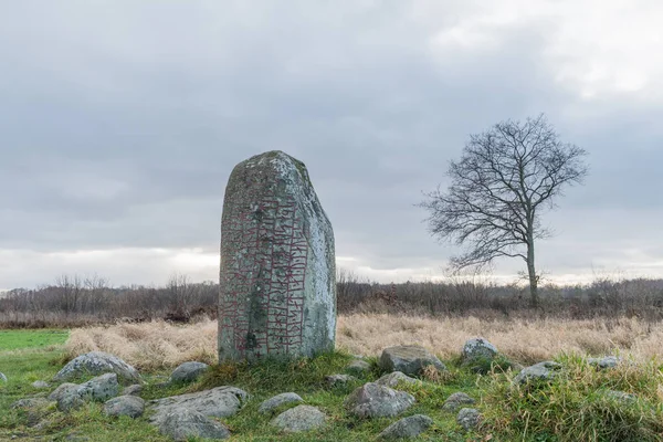 Uralter Runenstein in ländlicher Landschaft — Stockfoto