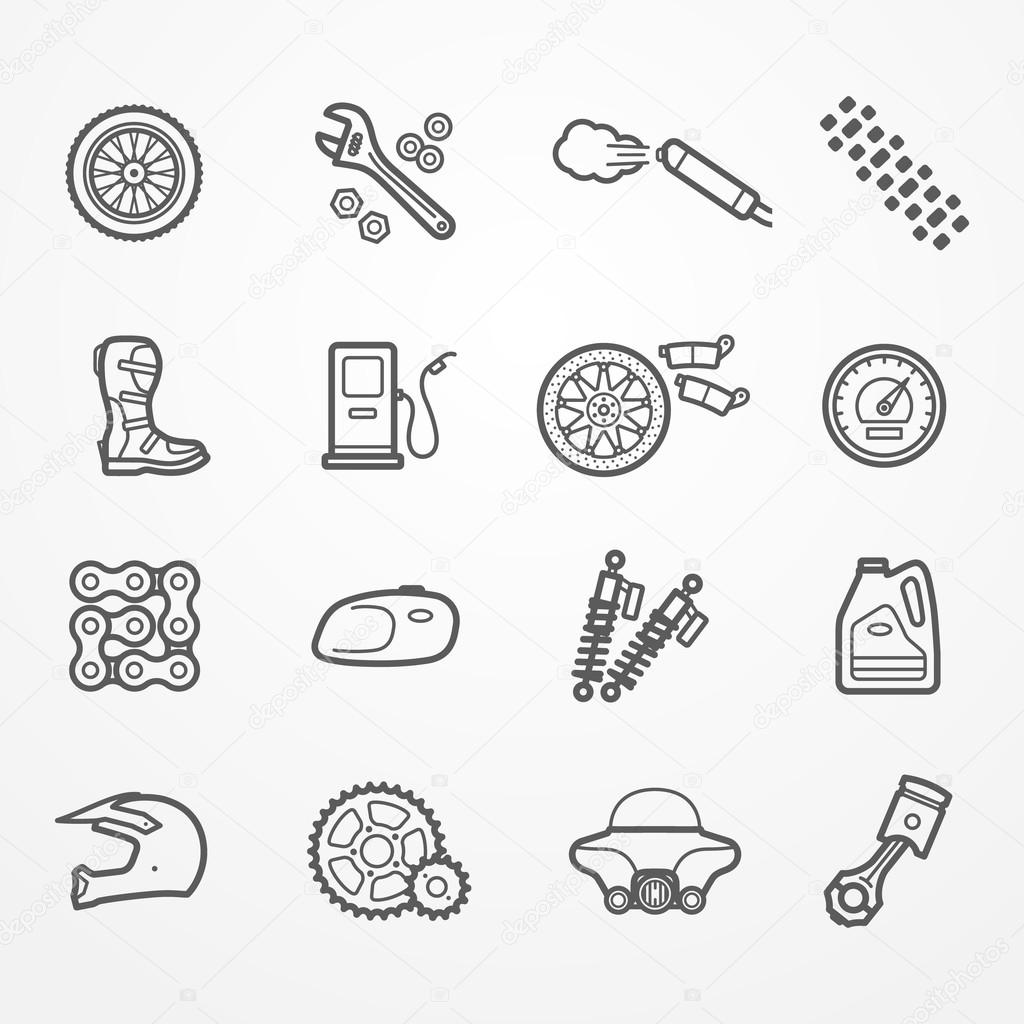 Collection of motorcycle parts icons in line style. Spare parts, tools and rider gear. Motorcycle store or service vector stock image.