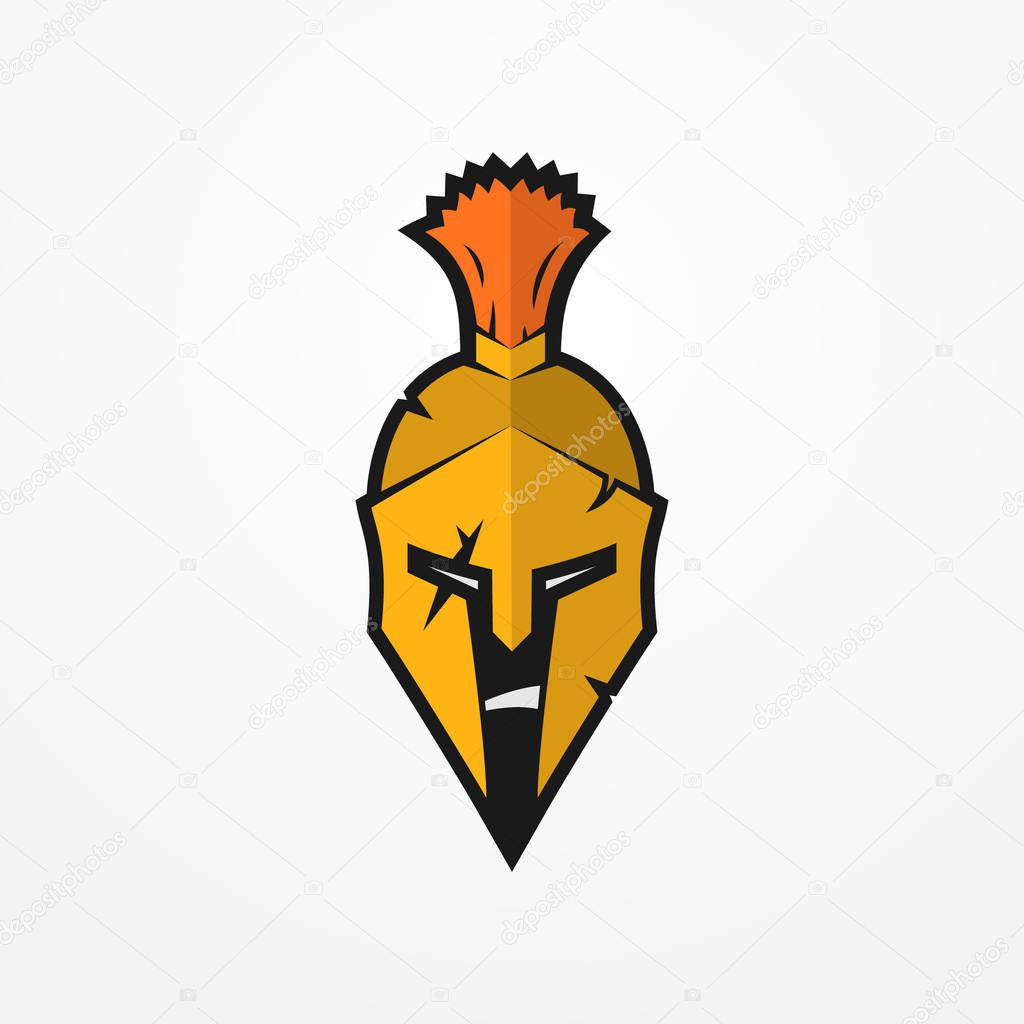 Furious face of a roman warrior in battle helmet. Head of a spartan soldier in flat style. Sport logotype or design element. Warrior vector stock image.