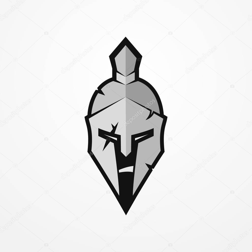 Furious face of a roman warrior in battle helmet. Head of a spartan soldier in flat silhouette style. Sport logotype or design element. Warrior vector stock image.