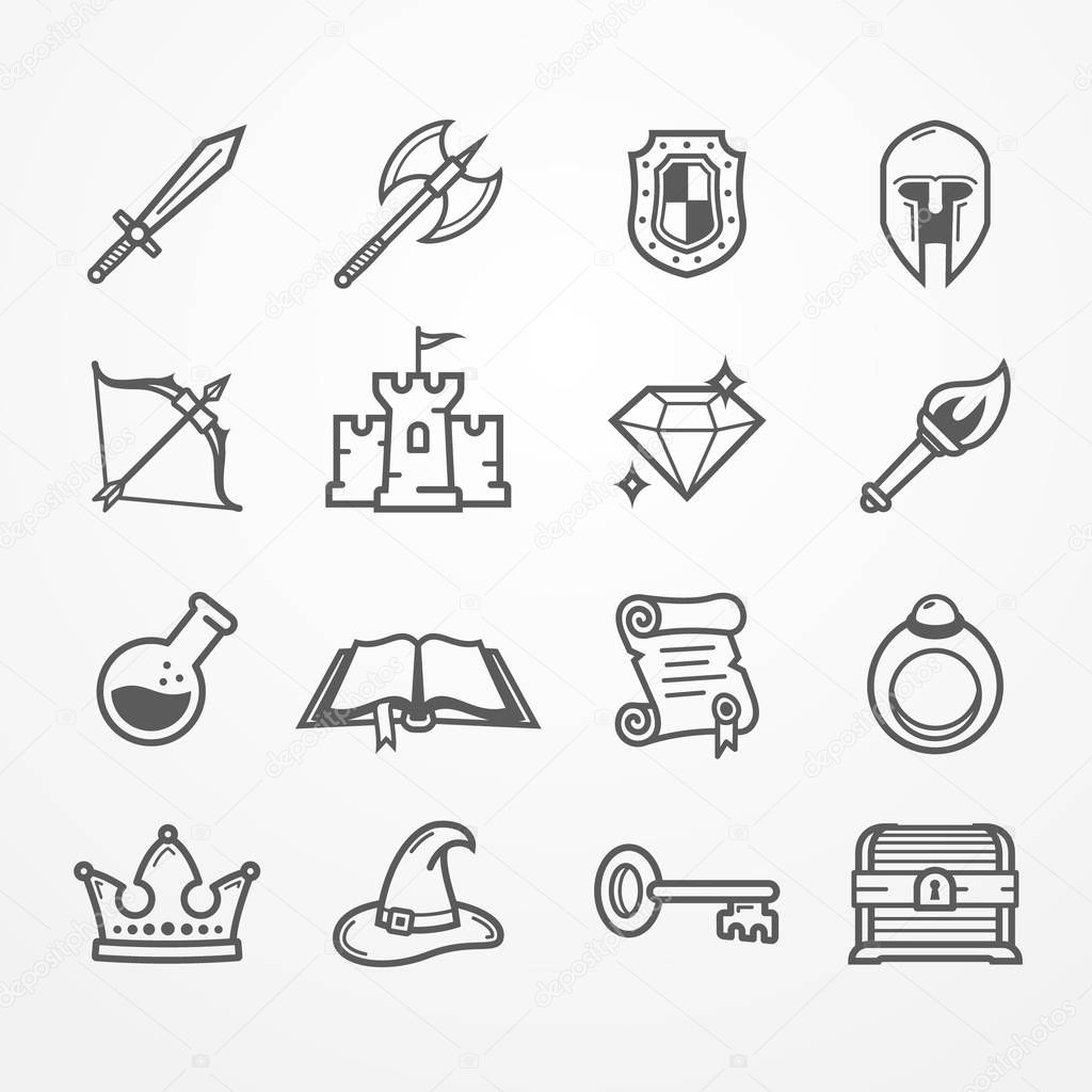 RPG PC game vector line icons