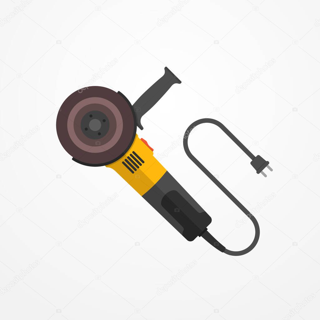 Typical electric angle grinder with wire and abrasive disc. Modern isolated cutting tool in flat style. Professional power tool vector stock image.