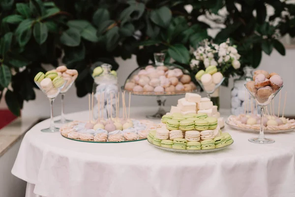 Deliciosos pastelitos dulces y dulces, decorados al estilo de la boda —  Fotos de Stock