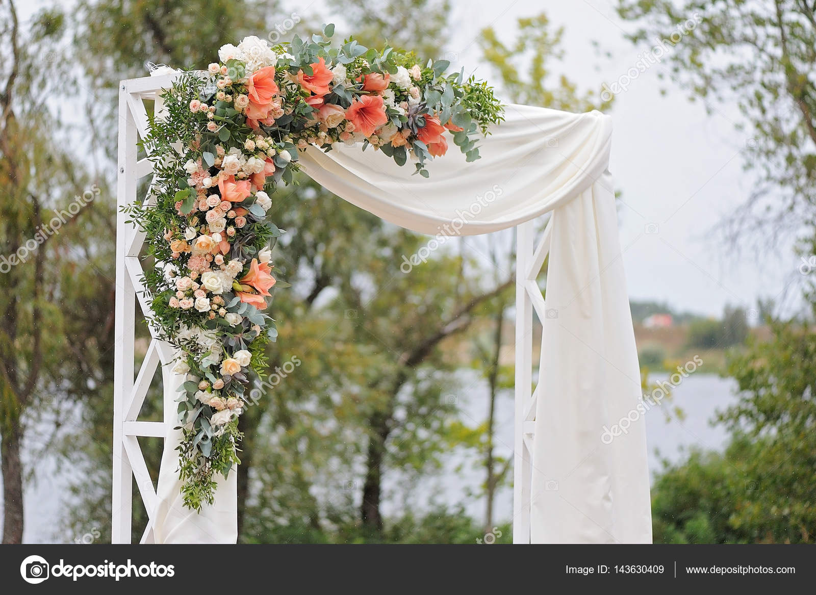 Beautiful Wedding Arch Decorated With White Cloth And Flowers Closeup Stock Photo Image By C Olgaburtseva 143630409