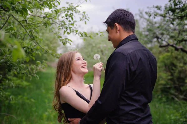 Wunderbare Liebesgeschichte in Fotos. Hübsches Paar im grünen Obstgarten. — Stockfoto