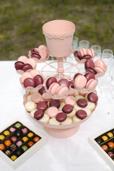 Lezzetli tatlı çörekler ve şekerler, düğün tarzında dekore edilmiş — Stok fotoğraf