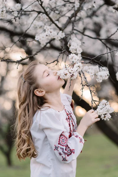 Retrato de menina bonita com cabelos longos encaracolados. Menina bonita em ucraniano bordado cheira ramo de árvore de flor de damasco. Conceito Primavera — Fotografia de Stock