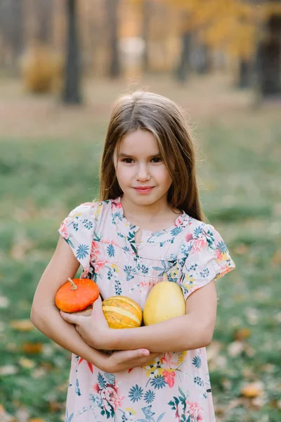 穿着花纹衣服，手里拿着黄色和橙色装饰粉红的可爱微笑的女孩。 秋天的心情 收获和农业概念. — 图库照片